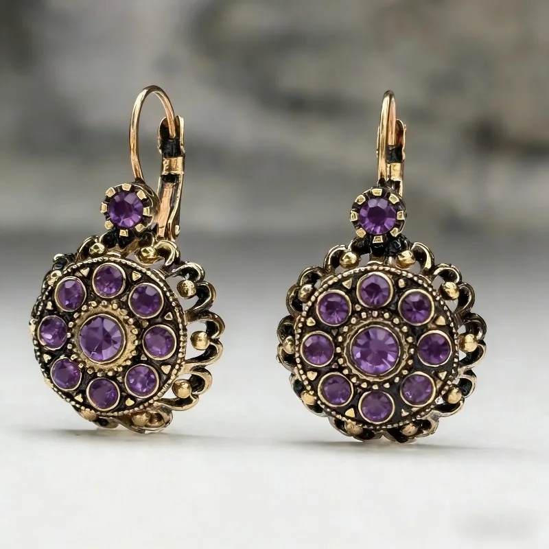 Design Inlaid Purple CZ Dangle Women's Earrings Trendy Gold Color Geometry Daily Wear Party Jewelry Anniversary Gift