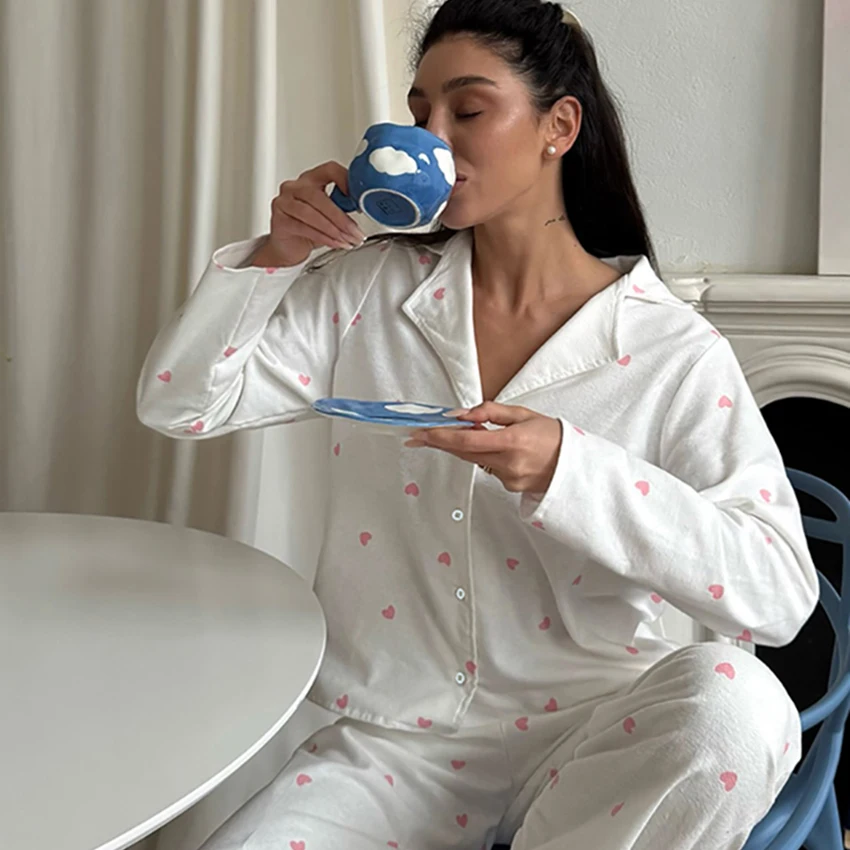 

Hiloc Knit Print Ladies Pajamas 2-Piece Set Turn-Down Collar Single Breasted Long-Sleeve Tops Casual With Pocket Trousers 2025