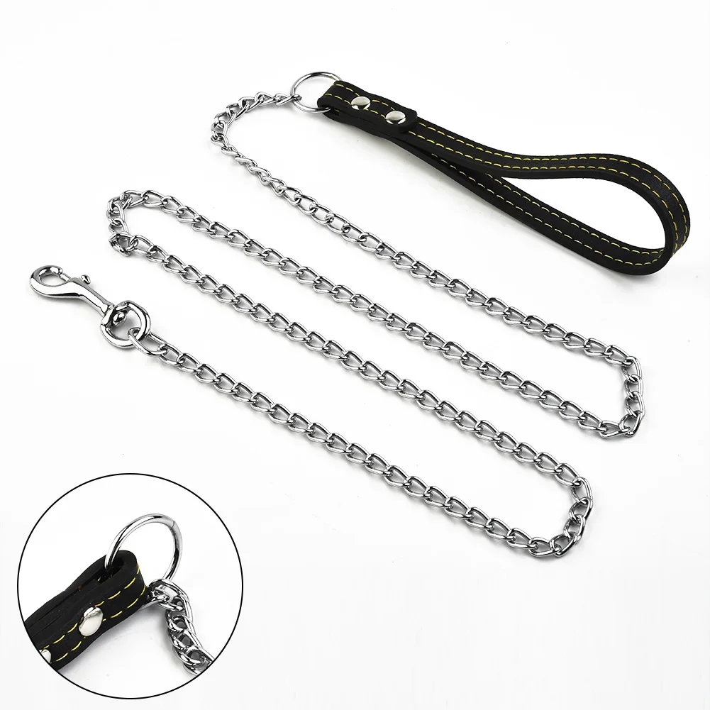 Reliable Metal Chain Dog Leash With Comfortable Leather Handle Secure Control For Strong And Active Energetic Pets