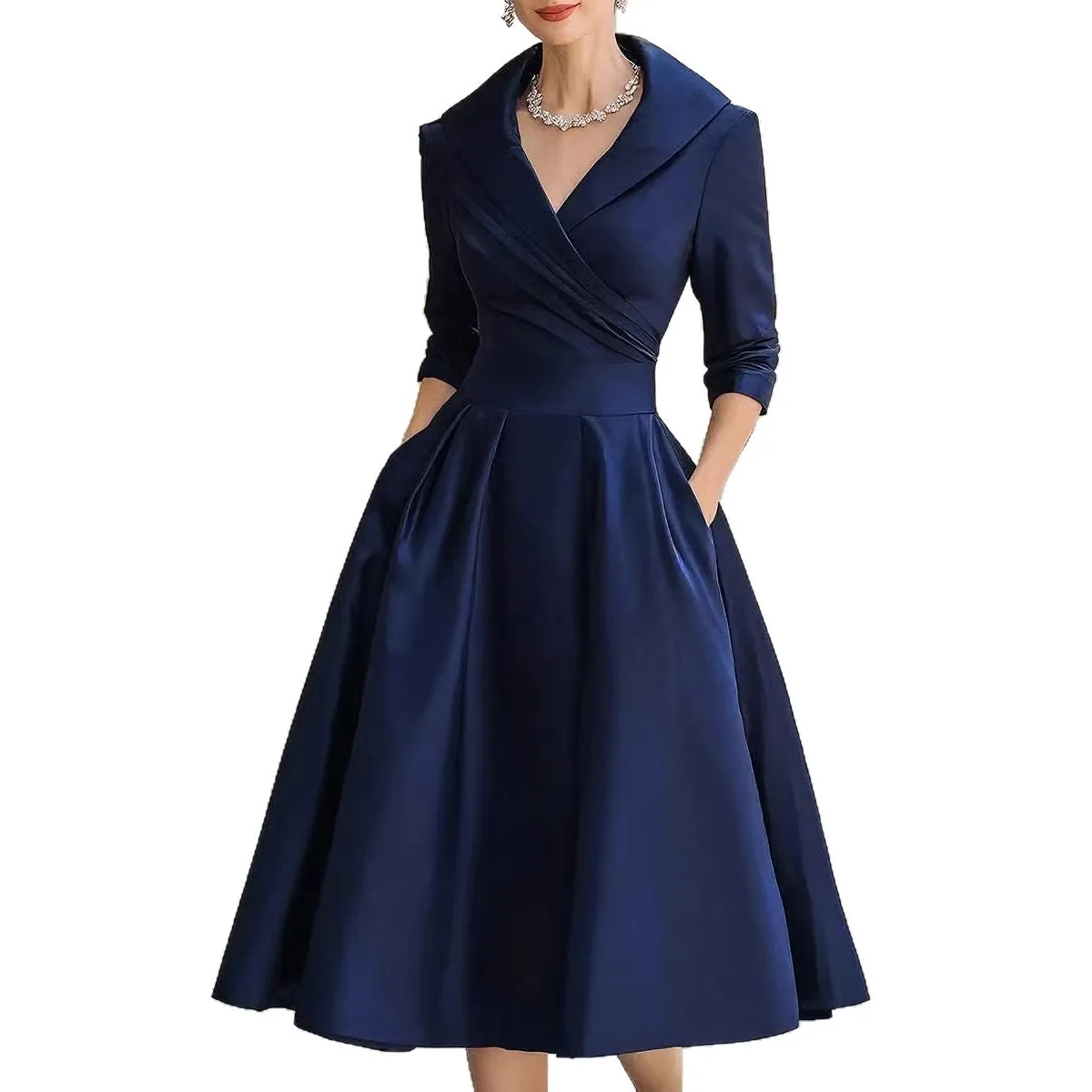 V Neck Slim Fit Dress Fitted Elegant with Patchwork Zipper Closure Long Sleeve Maxi Length Umbrella Skirt Party Dress for Women