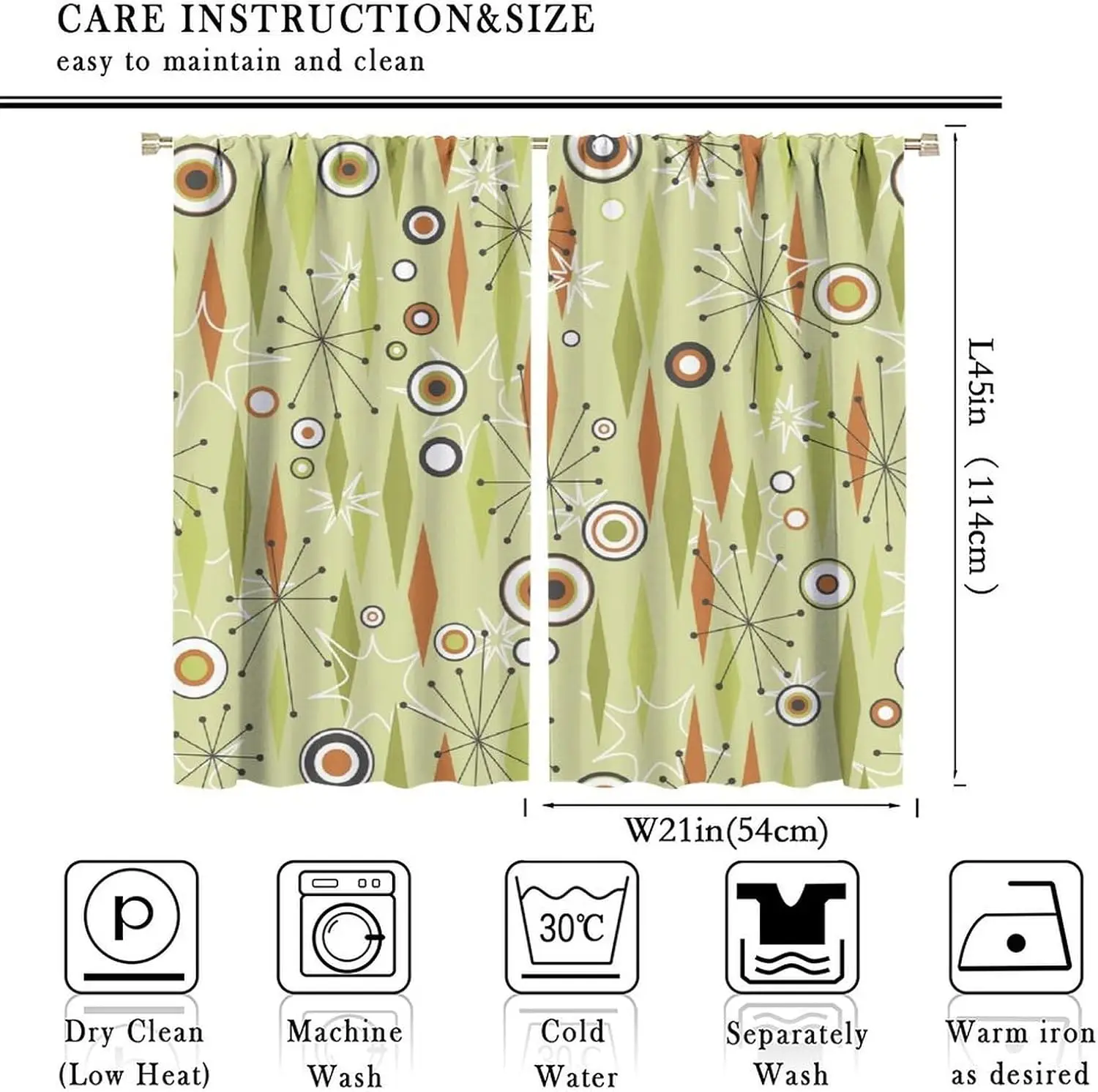 Mid Century Atomic Curtain 2 Panels Color Block Diamond Circle Starburst Print Retro Vintage Style Bedroom Home Decor Curtains