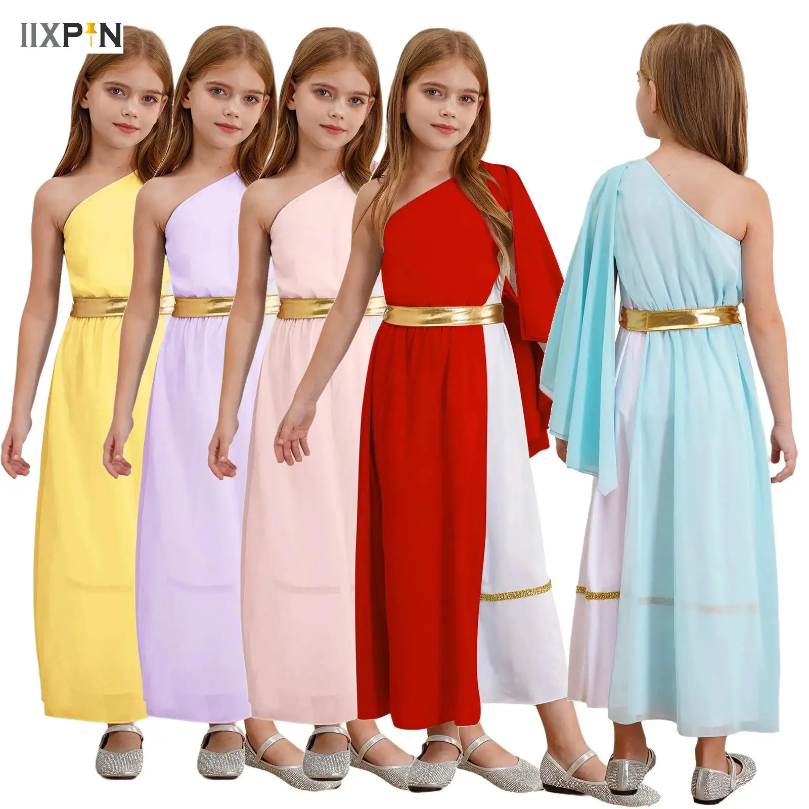 

Kids Girls Ancient Greek Toga Senator Caesar Costume Athenian Princess Roman Empress Long Dress Robe for Halloween Cosplay Party