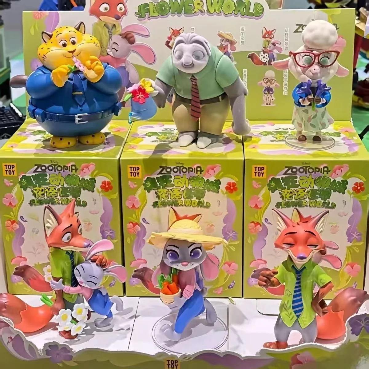 Boîte aveugle du monde Floral originale Disney Zootopia, figurines Judy & Nick, thème floral mignon, décor de bureau, jouet de collection, cadeau pour les Fans