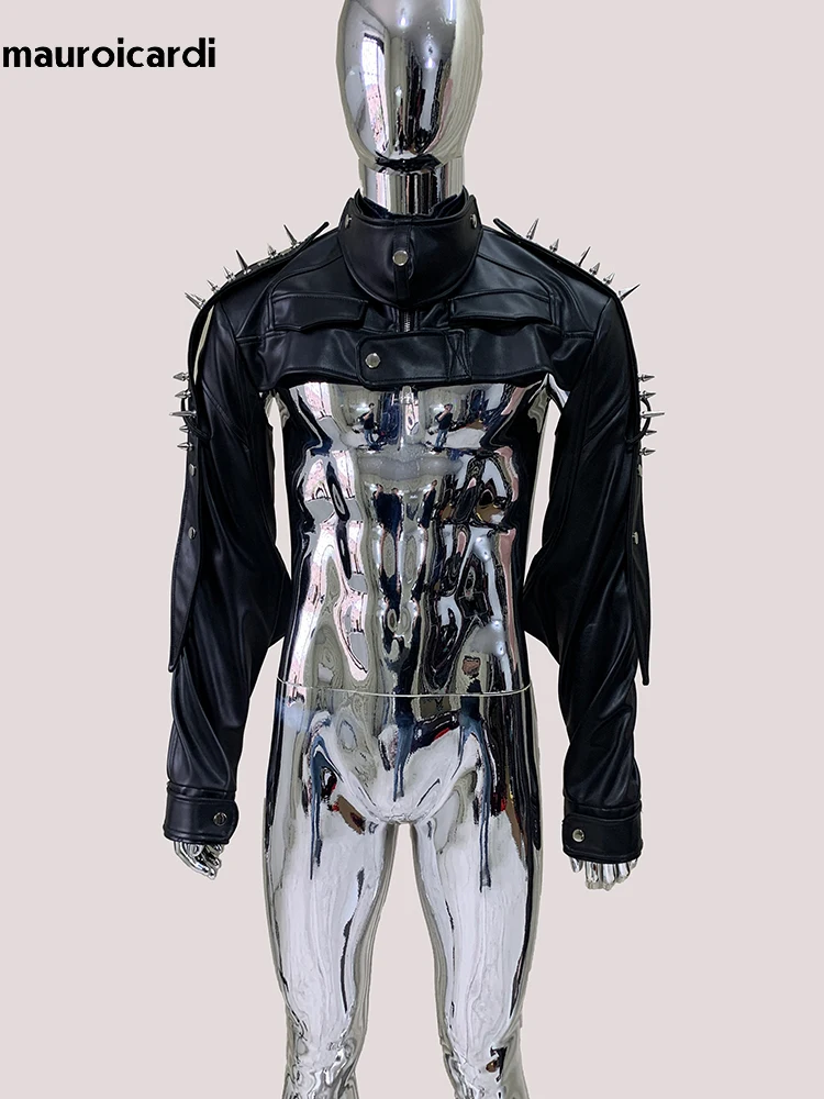 Mauroicardi Spring Autumn Cool Black Cropped Faux Leather Jacket Men Rivet Long Sleeve Zip Up Luxury Punk Style Emo Clothes 2025