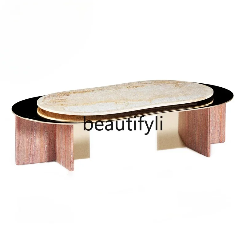 

LJYItalian light luxury combination coffee table oval stainless steel marble coffee table side combination