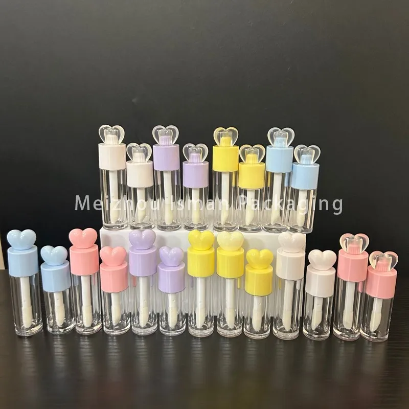 50Pcs Hot Sale 5ml 7ml Heart Top Mini Big Wand Cute Lip Tint Tubes Big Applicator Lipgloss Container Tube With Fat Brush