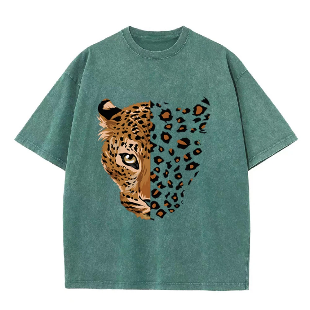 2026 Women Washed Cotton T Shirt Leopard Tiger Cartoon Print Short Sleeve Round Neck Vintage Graphic Tee Casual Streetwear Tops