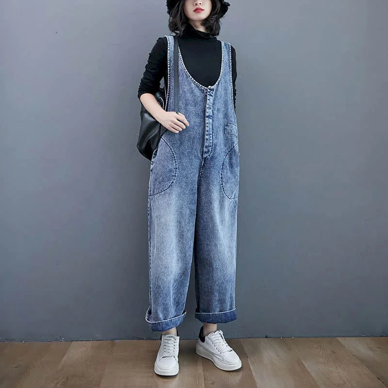 

Denim Jumpsuits for Women Summer Oversized Solid Playsuits Loose High Waist Wide Leg Pants Overalls for Women Clothes One-pieces