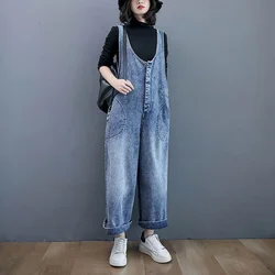 Denim Jumpsuits for Women Autumn Oversized Solid Playsuits Loose High Waist Wide Leg Pants Overalls for Women Clothes One-pieces