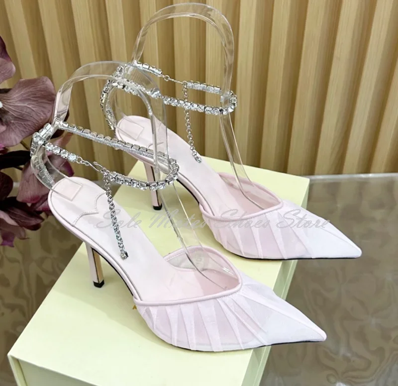 

Women's Elegant Light Pink Lace High Heel Sandals Pointed Toe Diamond Crystal Ankle Buckle Pleated Design Evening Dress Shoes