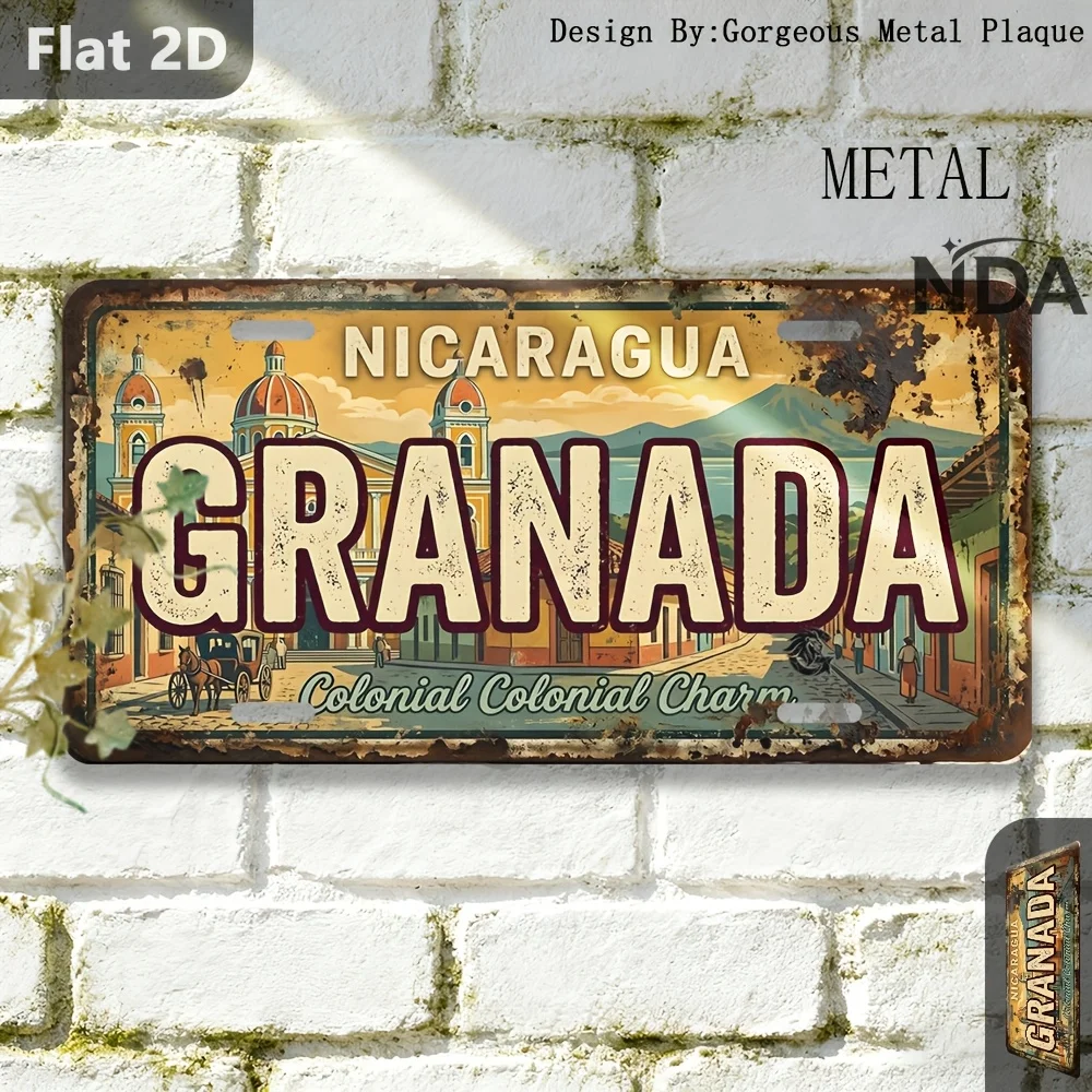 2D Flat, for Decorative Use Only, 2D Flat, [2D Flat] 1pc, Vintage Sign, Retro Metal Sign, License&number Granada, Outdoor Pla