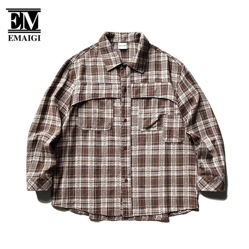 Autumn Plaid Long Sleeve Shirt Men\'s Japanese Vintage 3D Cut Cityboy Streetwear Fashion Loose Casual Oversized Cargo Shirts