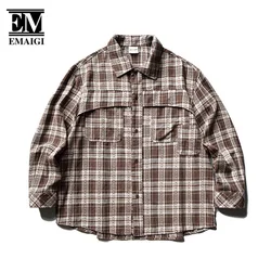 Autumn Plaid Long Sleeve Shirt Men's Japanese Vintage 3D Cut Cityboy Streetwear Fashion Loose Casual Oversized Cargo Shirts