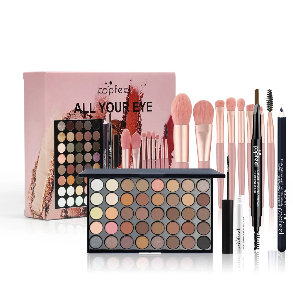 POPFEEL Set de maquillaje de ojos profesional: paleta de sombras de ojos, delineador de ojos, lápiz para cejas, máscara + 8 brochas de maquillaje: perfecto para principiantes
