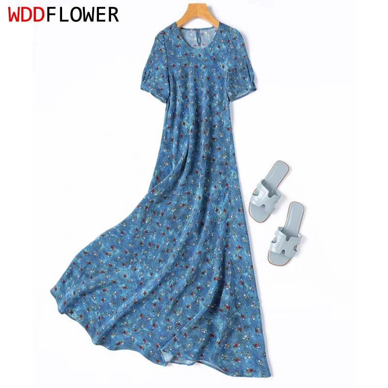 Robe mi-longue en soie pour femmes, 100% soie de mûrier, bleu foncé, petit imprimé Floral, manches courtes, Type queue de poisson, robe longue, M1428