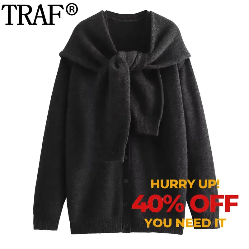 

TRAF 2024 Knotted Scarf Style Knitted Cardigan Coat Woman Oversized Sweater Cardigan Autumn Winter Long Sleeve Knit Jacket