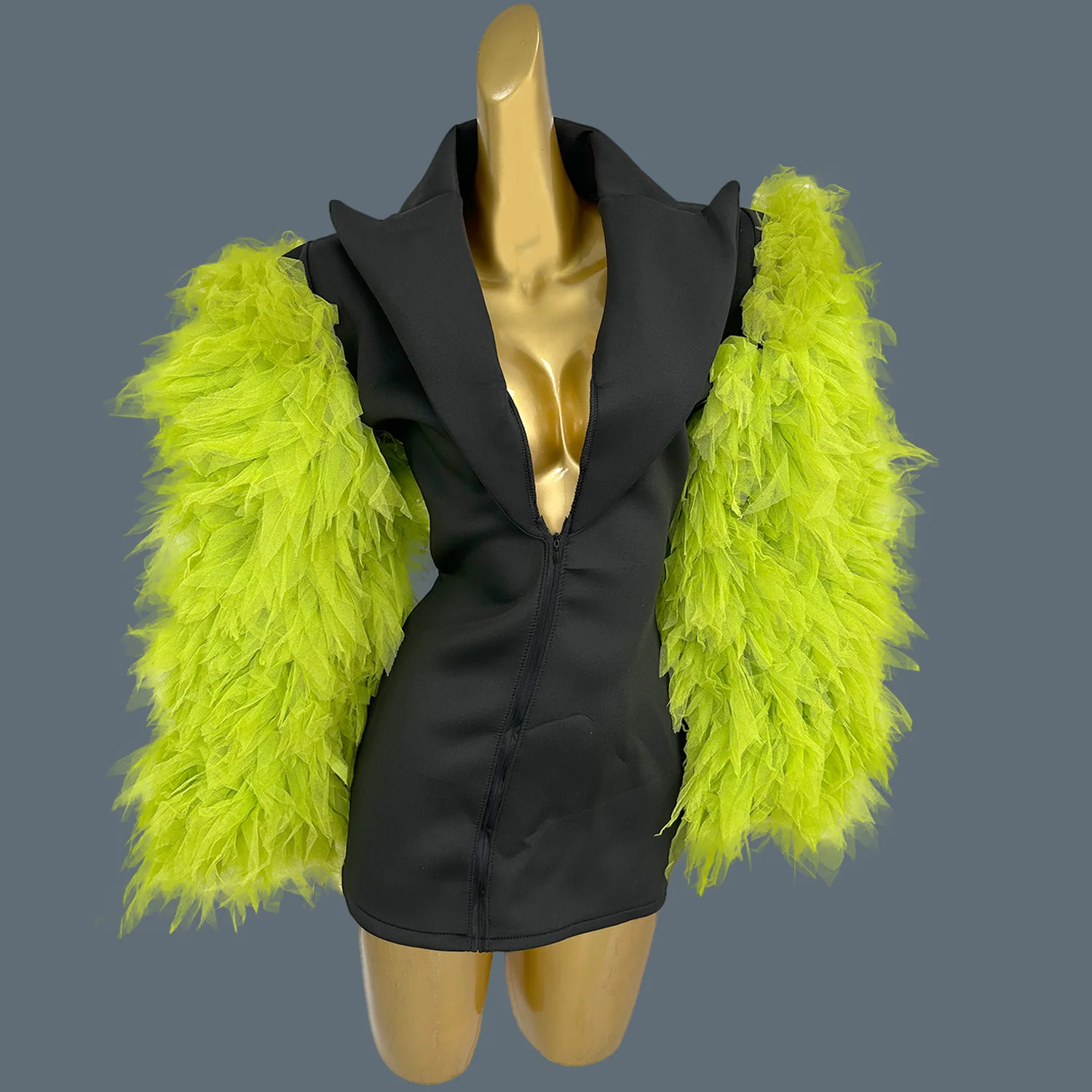 

Green Gauze Long Sleeved Black Suit Sexy Women Club Singer gig Stage Performance Outfit Birthday Prom Ultra Short Dress Lvzhamao