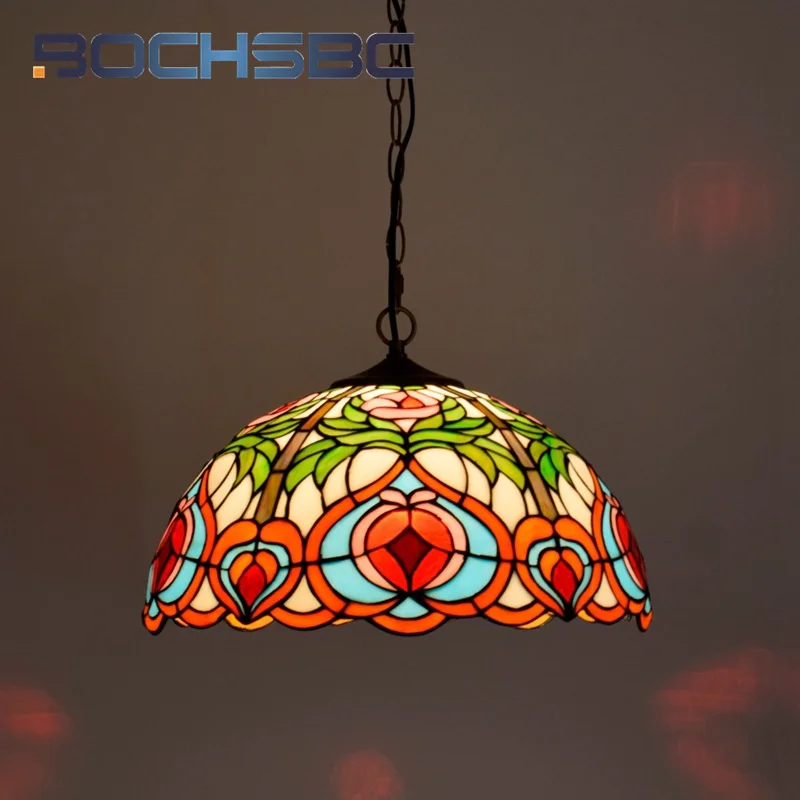 BOCHSBC Tiffany Stained glass 16 inch Garden style Peach chandelier Art Deco Living Room Dining Room Bedroom Hotel hanging light