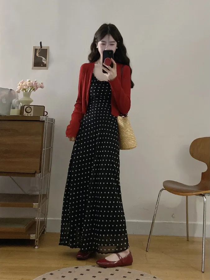 

plus Size Fashionable Two-Piece Set Summer New Retro Polka Dot Sleeveless Halter Dress Sunscreen Cardigan Outerwear Dress