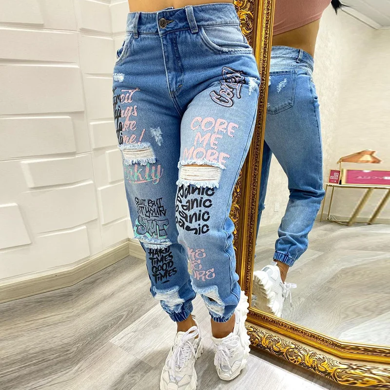 Jean skinny taille haute pour femme avec poche boutonnée, imprimé lettre, déchirure, streetwear décontracté, mode printemps et automne, Y2K