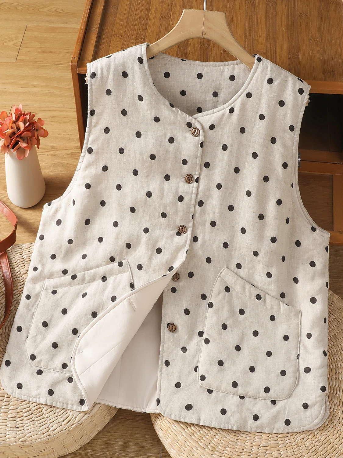 

Warm Retro Polka Dot Cotton Vest Thiened Polyester Filling round Ne ort Outerwear for Women Commute Sle Autumn New Ar...