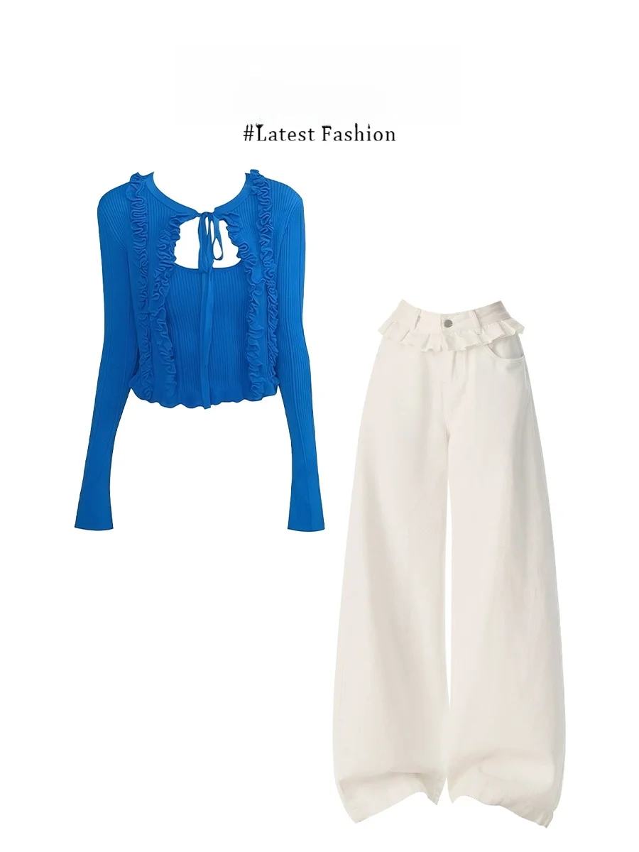 

Parkyeon Korean Style Blue Ruffle Trim Belted Knitted Open Cardigan Women's White Lace Wide Leg Pants Three Piece Set