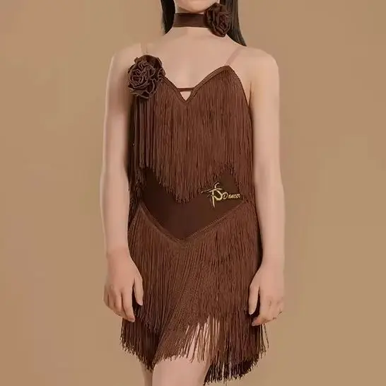 

Костюм для выступлений для девочек, костюм для латиноамериканских танцев, детская юбка для латиноамериканских танцев, тренировочный костюм для танцев, стандартный костюм для выступлений с бахромой