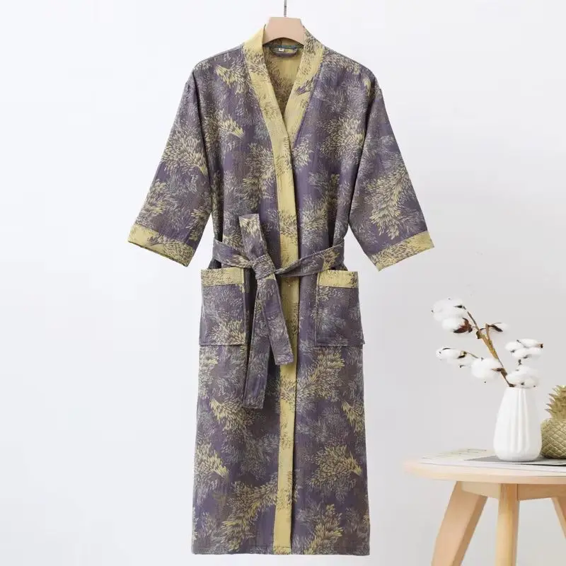 Cotton Women's Bathrobe Muslim Fashion Long Three Quarter Sleeve Pocket Sleepwear with Sash Pajamas Robe Large Size