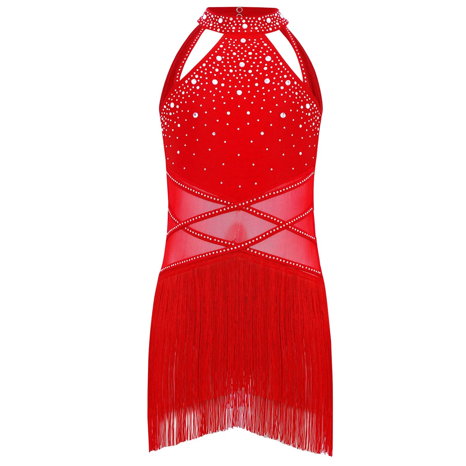 

Kids Girls Tassel Latin Jazz Dance Dress Shiny Rhinestones Sheer Mesh Strappy Backless Dress Samba Cha-cha Performance Costume