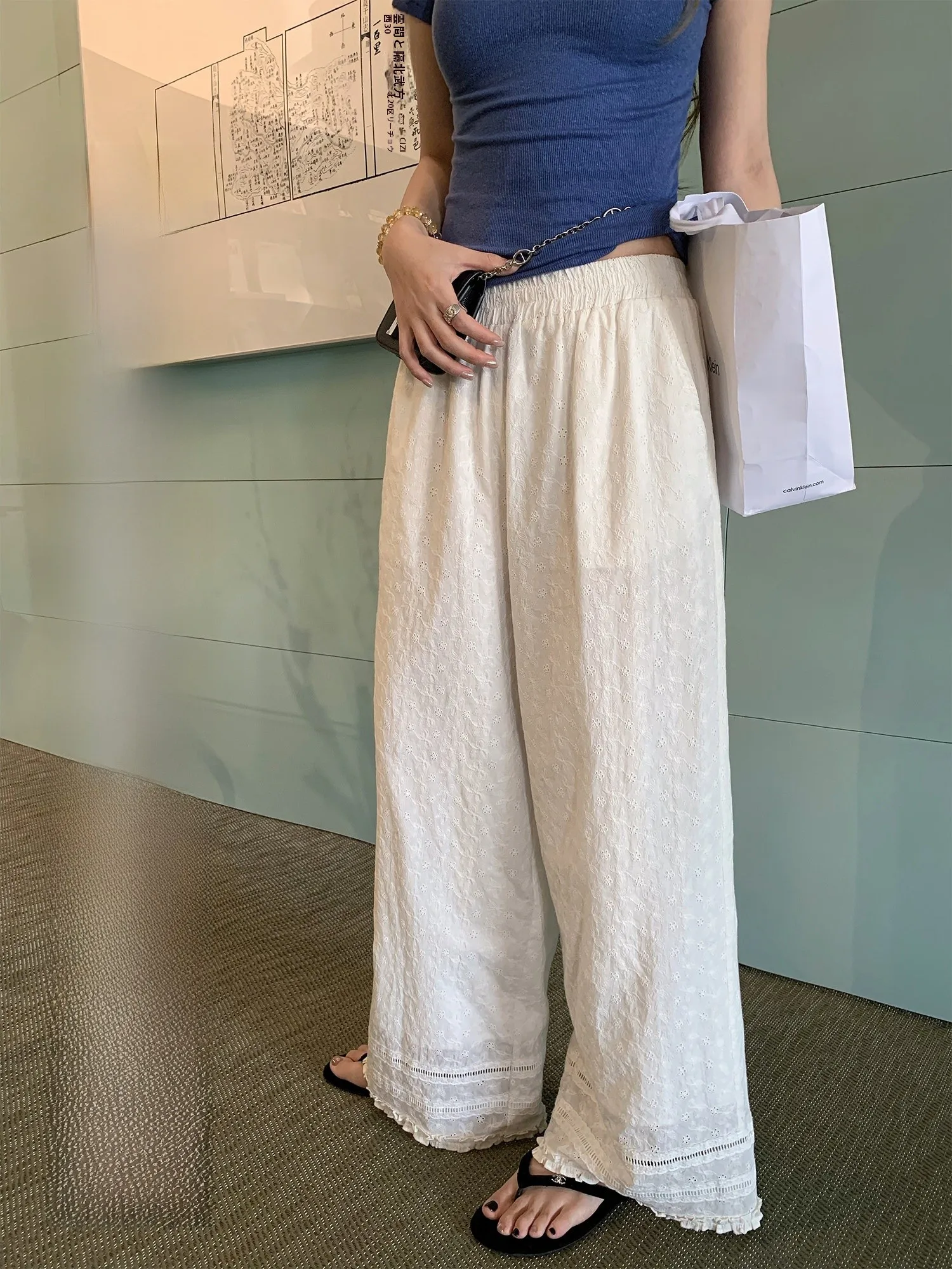 

Yuzhiqie Sea Breeze Lettering 100% Cotton Embroidered Lace Patchwork Loose White Elastic Waist Straight Leg Casual Pants Women
