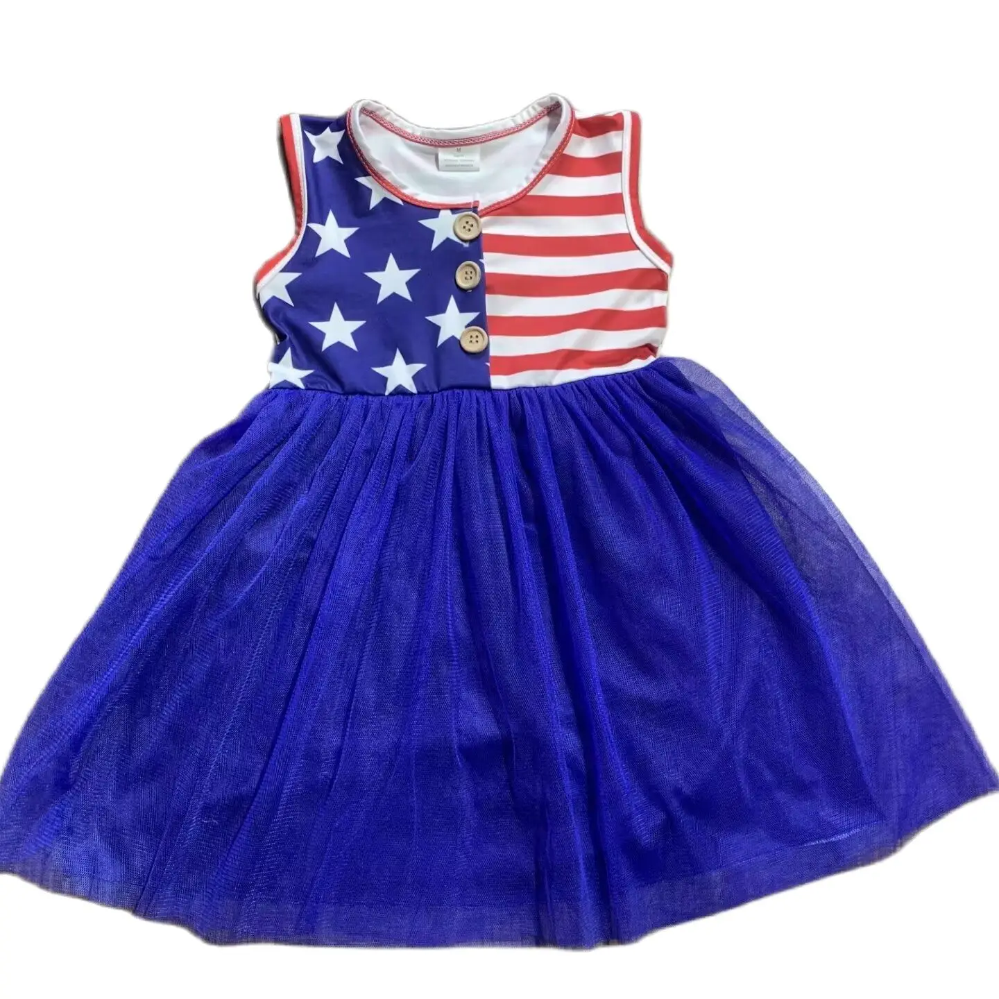 

Boutique July Of 4th Sleeveless Mesh Skirt Knee Length Red Blue Striped Summer Girl Dresses