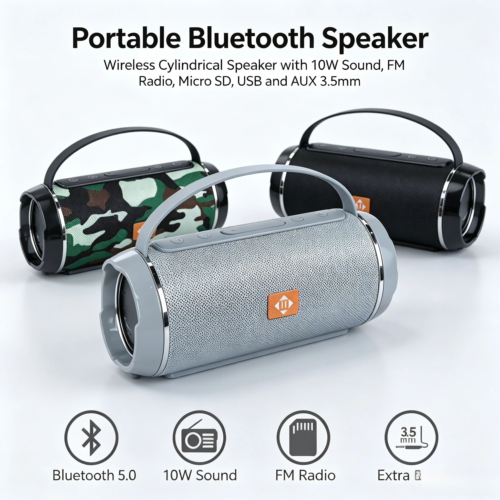 WETECH, altoparlante portatile Bluetooth 5.0 da 10 W con maniglia per il trasporto, altoparlante wireless cilindrico in tessuto con bassi potenziati, radio FM, slot per micro SD, USB e ingresso AUX da