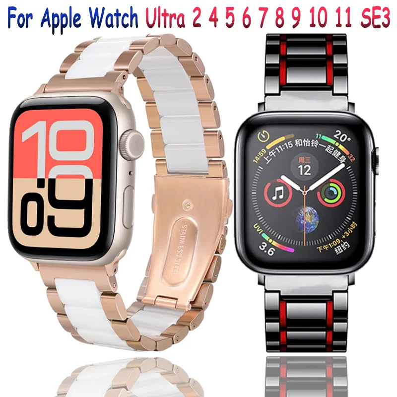 

Металлический + керамический ремешок для Apple Watch Ultra 2 11 10 9 8 7 6 5 4 SE браслет из нержавеющей стали iWatch 45 мм 46 мм 44 мм 40 мм 42/49/41 мм