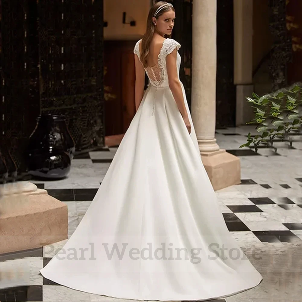 Vintage Cap Sleeve A-Line Side Slit Wedding Dress Applique and Beading Bridal Floor Length Illusion Back with Sweep Train Gowns