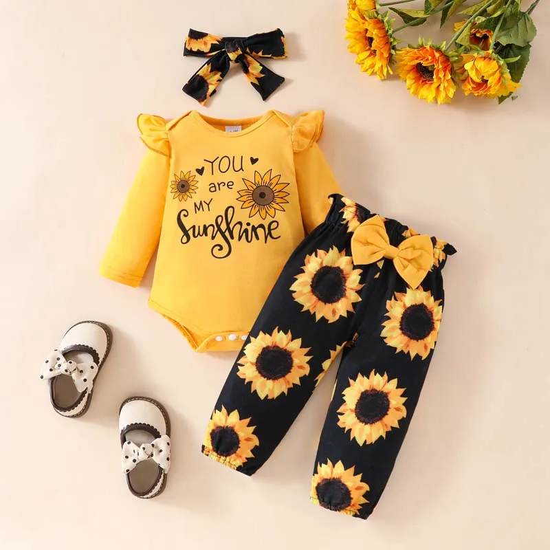 Bodysuit carta impressão girassol manga longa recém-nascido, calças com hairband, roupas para bebé, conjunto de roupas, 0-18 meses, outono, 3pcs