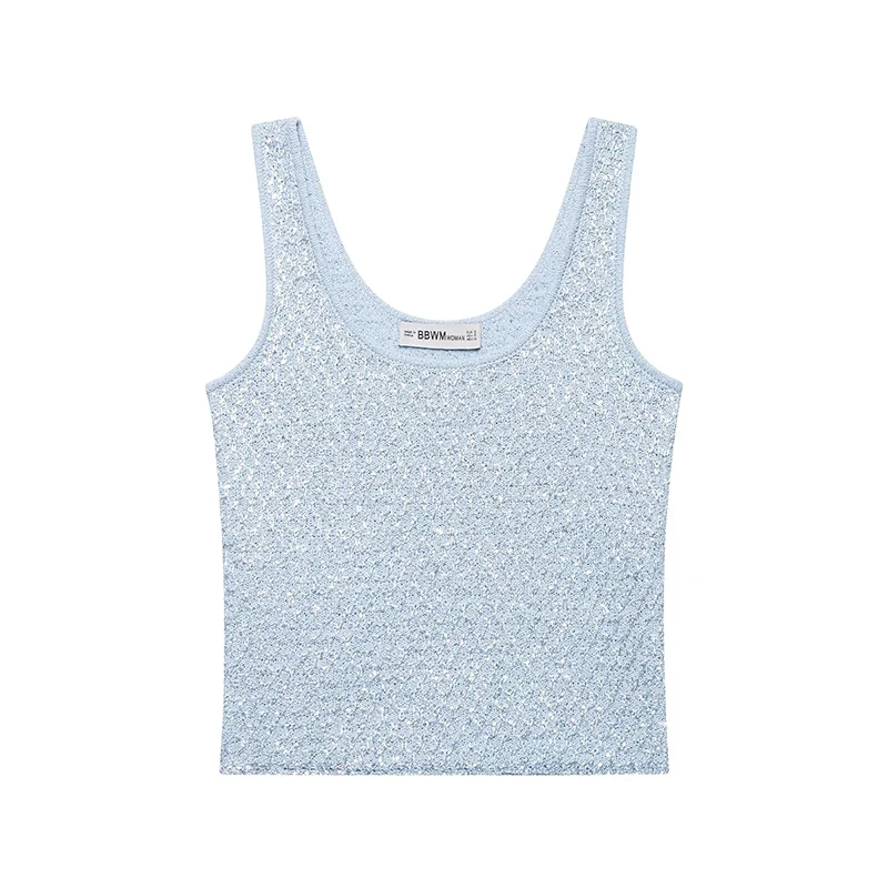 YENKYE Sexy Sweet Girls Metallic Thread  Sequin Knit Tops Round Neck Wide Straps Slim Fit Crop Tank Top