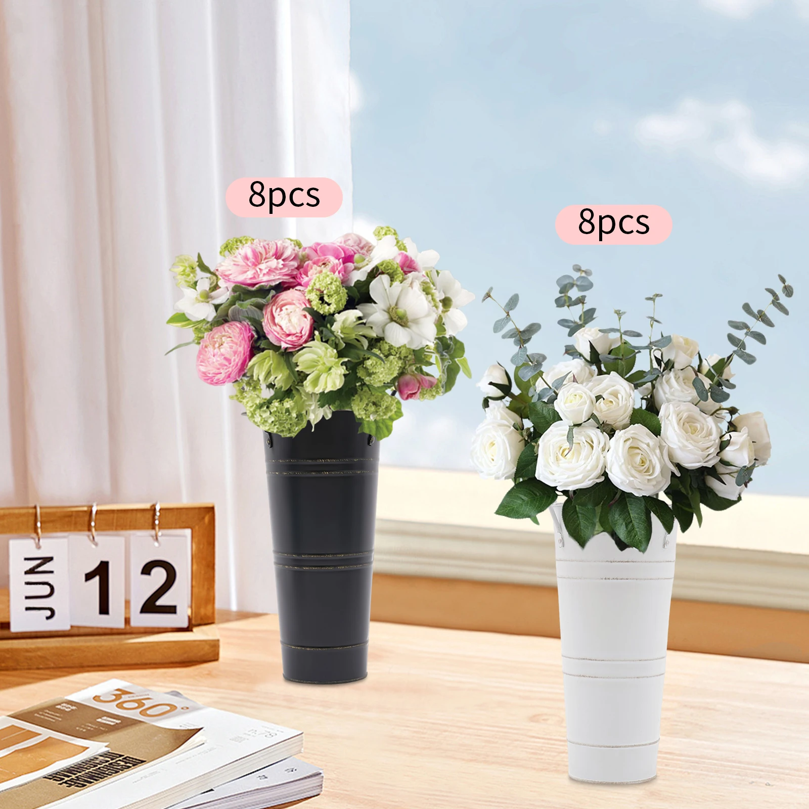 

8PCS Galvanized Iron Bucket Vases - 0.23mm Thick, Black Gold/White Rust, Cylindrical with Handles for Home Decor
