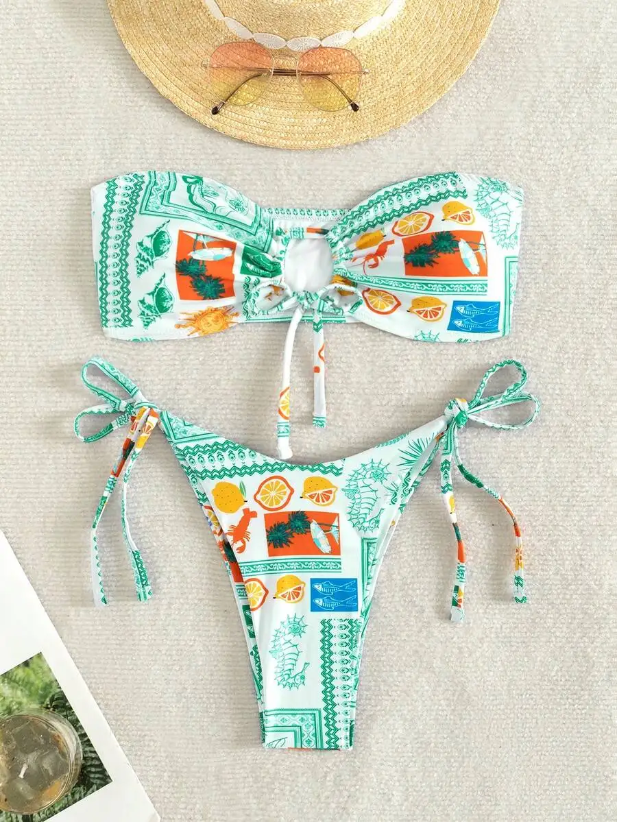 

Womens Summer Beach Fruit Print Bandeau Bikini Set With Adjustable Straps
