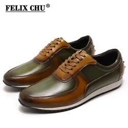 Mens Big Size 5-15 Casual Shoes Genuine Leather Hand Painted Oxford Lace-Up Sneakers Brown/Green Fashion Street Style