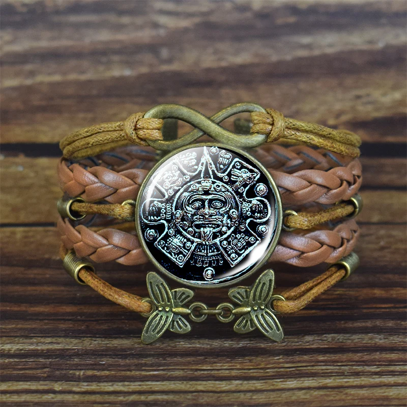 Aztec Calendar Bracelet Ancient Mexico Art Braided Leather Charm Bracelets for Man Women