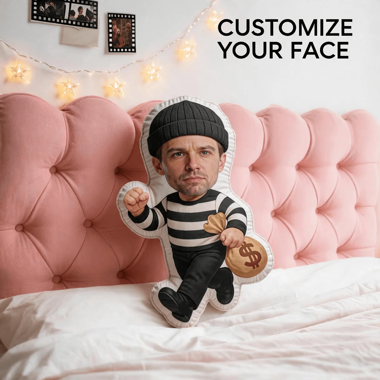 Custom Photo Robber Shaped Pillow, Funny Face Man in Striped Shirt And Beanie Holding Money Bag, Personalized Decorative Cushion