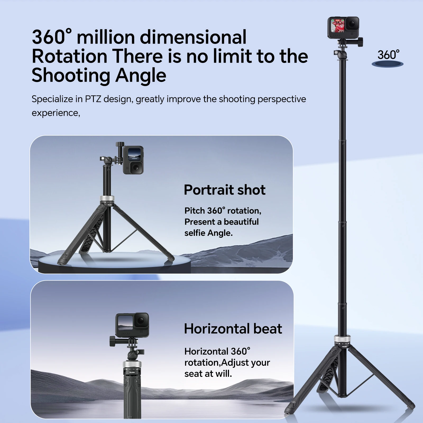 تليسين 360 °   حامل ثلاثي القوائم قابل للدوران لـ Gopro Hero 13 12 11 10 9 8 7 DJI OSMO Action 5 Pro 4 3 Insta360 X5 X4 Ace Pro 2