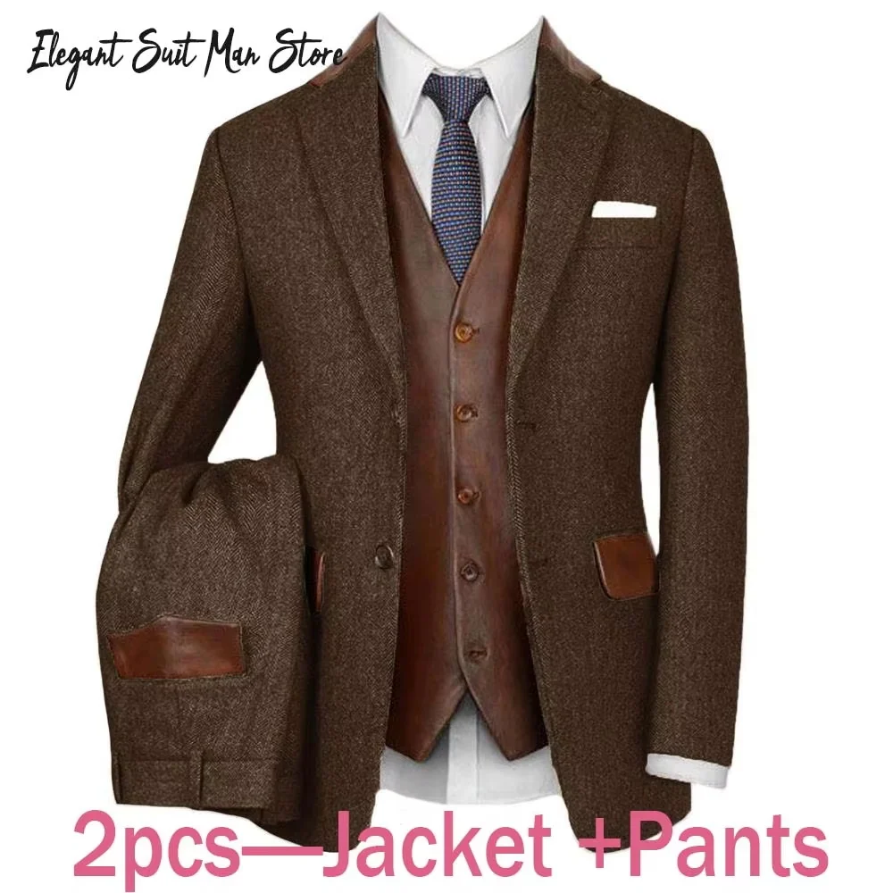 

Мужской костюм из сращенной кожи с узором «елочка», комплект из 2 предметов (куртка + брюки), итальянский винтажный деловой костюм с грубым цветочным принтом, комплект пиджаков