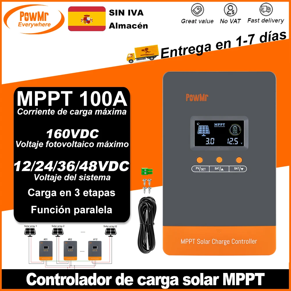 PowMr-controlador de carga Solar MPPT 100A, regulador inteligente de 160V, Panel para 12V, 24V, 36V, 48V, sonda de temperatura de batería de litio