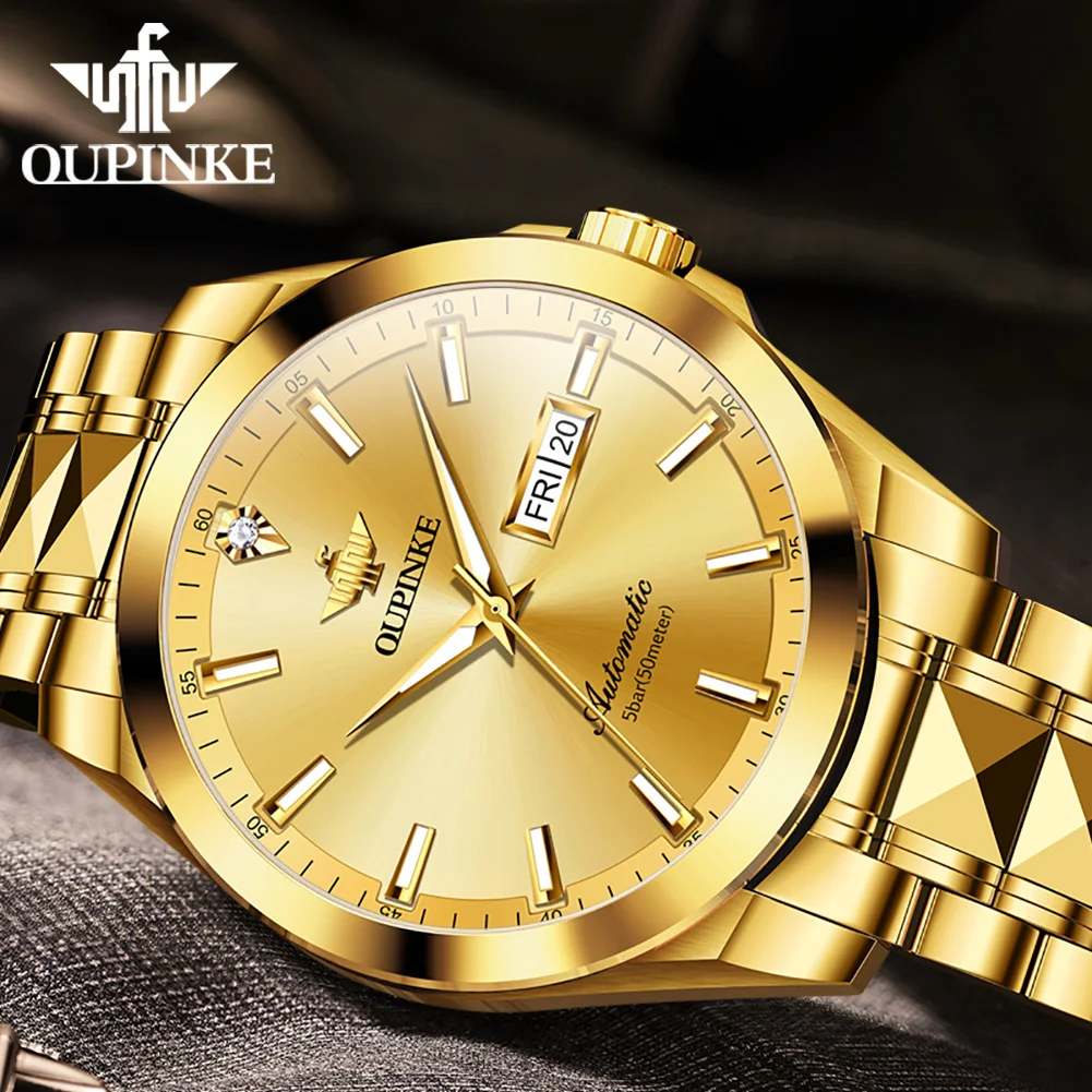 OUPINKE 3223 Real Diamond Automatic Watch for Men Sapphire Mirror Mechanical Wristwatch Luxury Top Brand Business Man Gold Watch