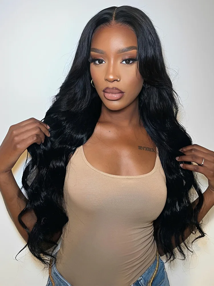 

Черные парики из 100% натуральных человеческих волос, длинные, с эффектом объемной волны, с центральным пробором, на кружевной основе, для женщин, без клея, из бразильских волос Реми, распродажа, глубокие волнистые парики