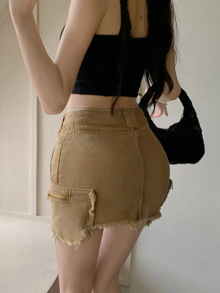 Women's Vintage Brown Denim Half Body Skirt High Waist American Streetwear Fashion Baggy A-Line Short Jean Skirt Summer