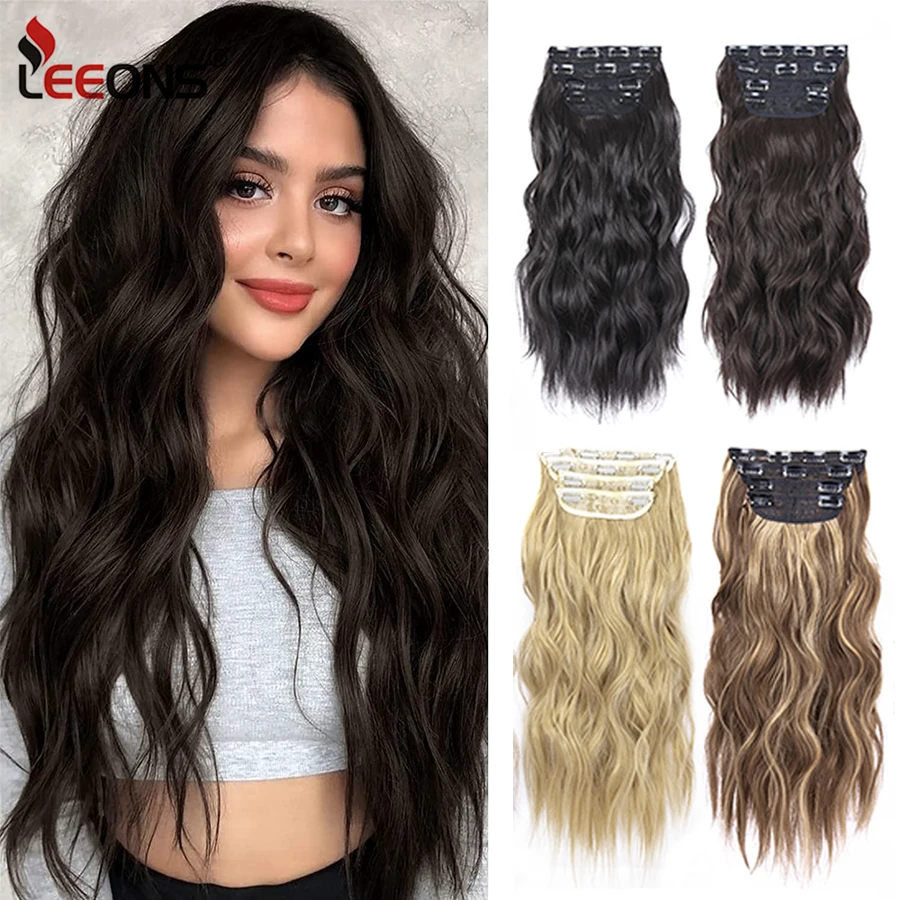 

4Pcs 20Inch Synthetic Long Curly 11Clips Clip In Hair Extensions Body Wave Hairpiece Heat Resistant Fiber Ombre Blond Women "