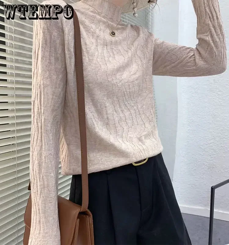 WTEMPO Women Autumn Winter Korean Half High Collar Basic Knitwear Long Sleeve Slim Knitted Sweater Solid Pullover Tops Ropa