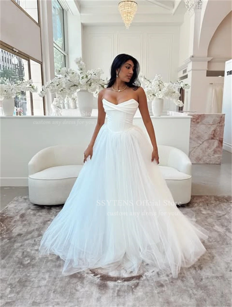 SSYTENS Elegant Ivory Satin Wedding Dresses A-Line Strapless Pleated Fairy Bride Prom Gown 2026 Bridal Gowns Vintage Customized